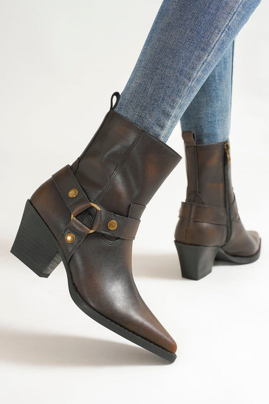 VACA-06 Women's Western Cowboy Boots – Pointed Toe Mid-Calf Boots with Harness Strap, Chunky Heel, and Vintage Leather Look for Rodeo, Country Concerts, and Everyday Wear