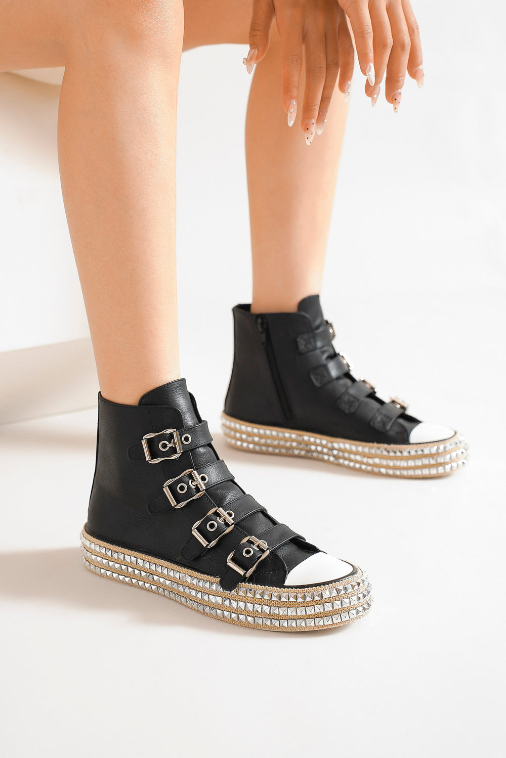 Beast Fashion Multi-Buckle Straps Studded Platform Sneakers