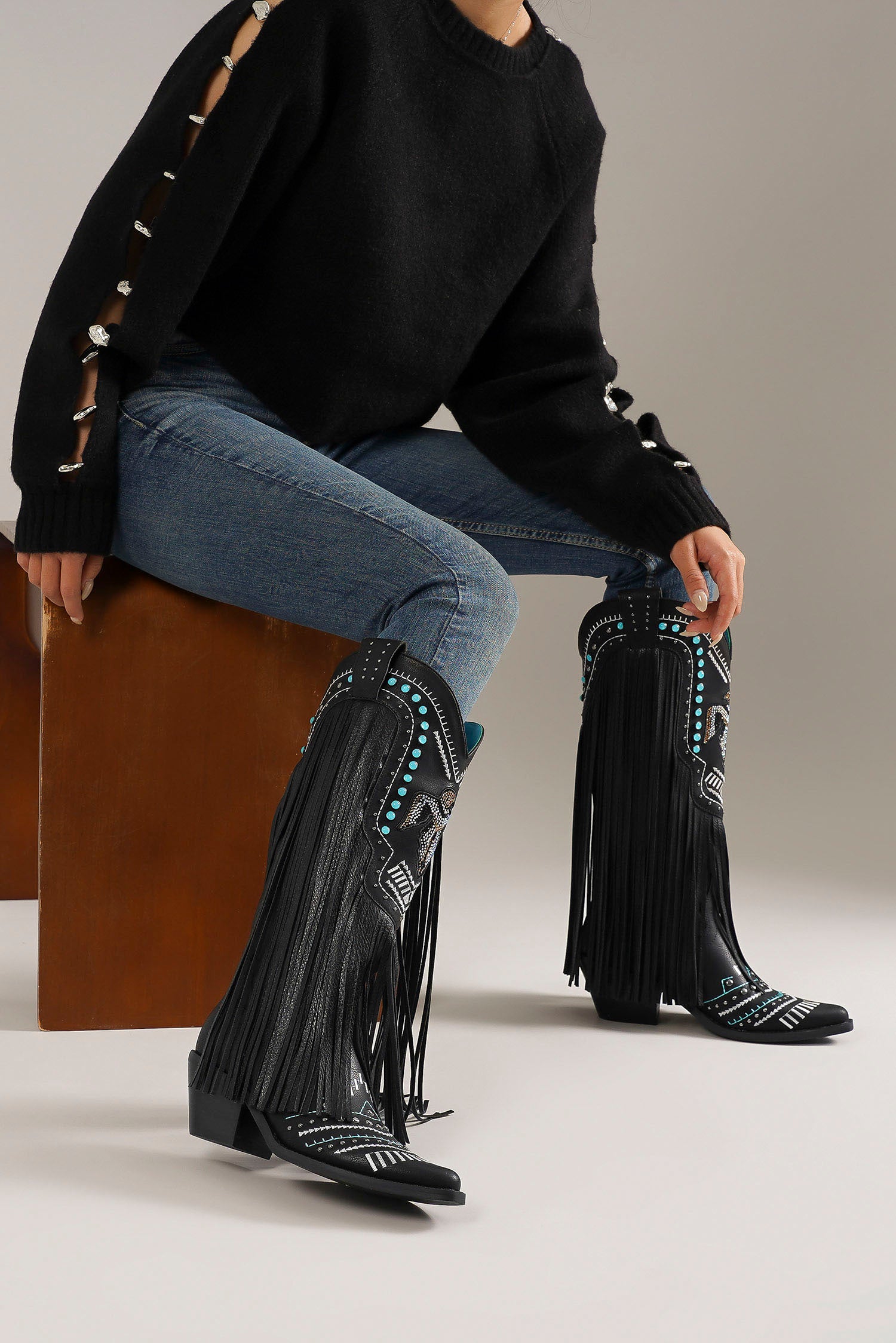 ADELA-58 Fringe Cowgirl Boots with Rhinestone Accents - Beast Fashion