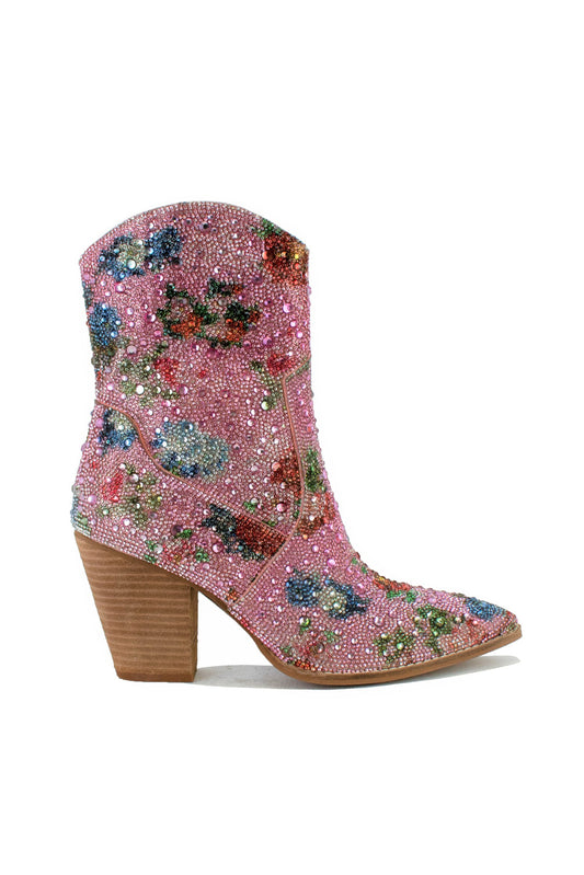 Women’s Floral Rhinestone Western Block Heel Ankle Boots – AUTUMN-06NC-R3