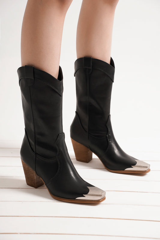 Western Metal-Toe Block Heel Ankle Boots – DAKOTA-05